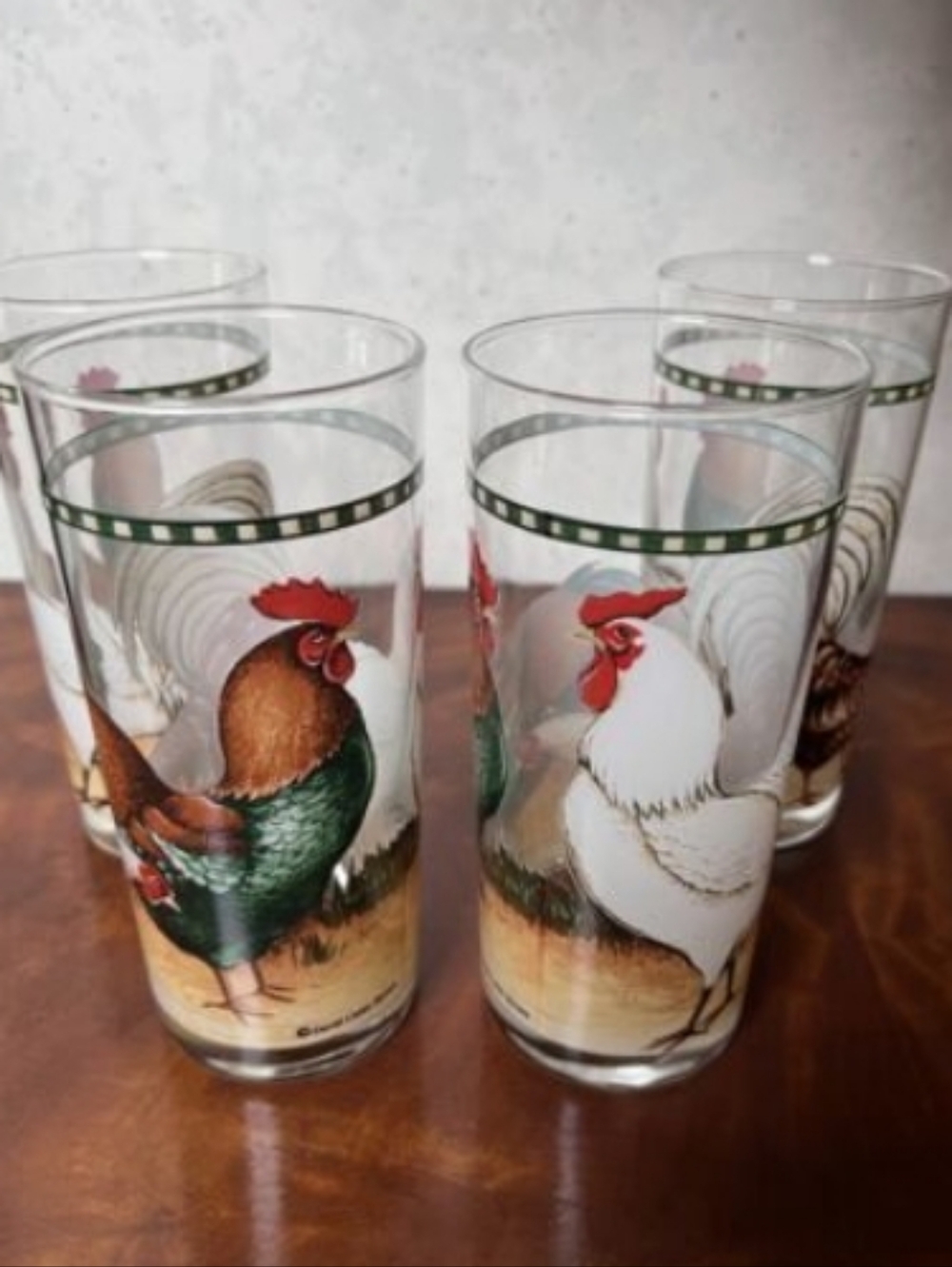 - Set of 4 Rooster Farmhouse Drinking Glasses — White, Brown, Green